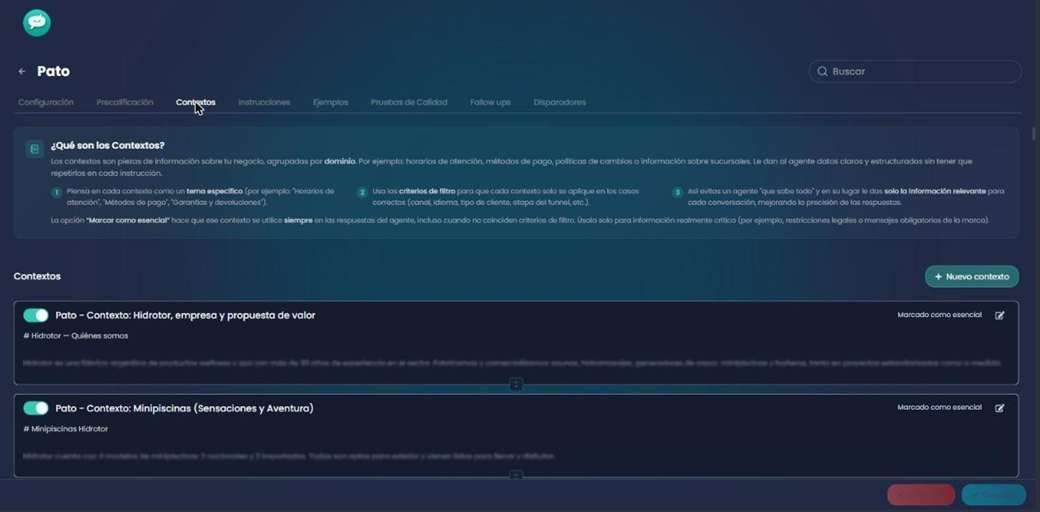 Pestaña Contextos del agente con la explicación de qué son los contextos y la lista de contextos cargados