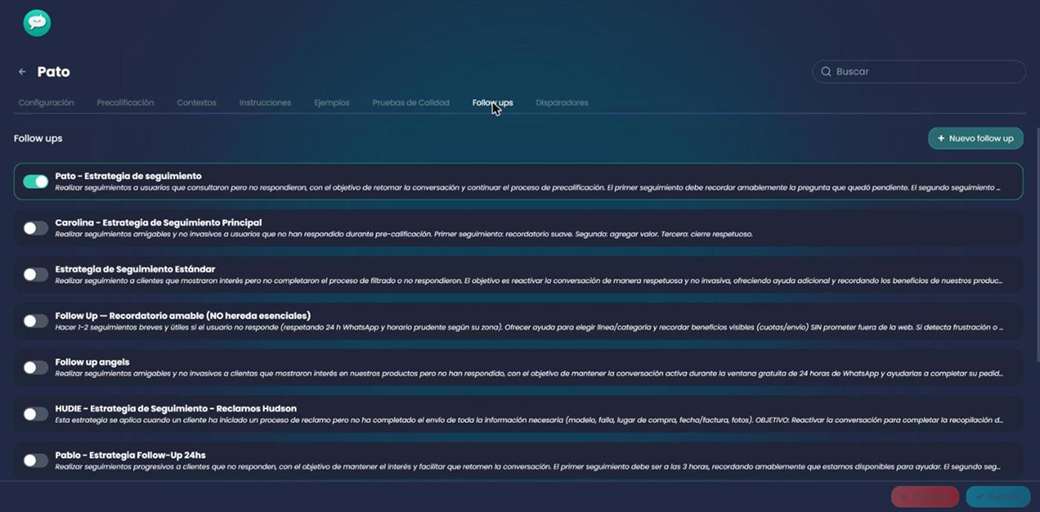 Pestaña Follow ups con la lista de estrategias de seguimiento, cada una con su objetivo