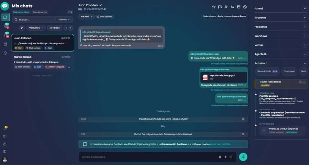 Panel Actividad de un chat con las pestañas Recordatorio, Touchpoint y Nota