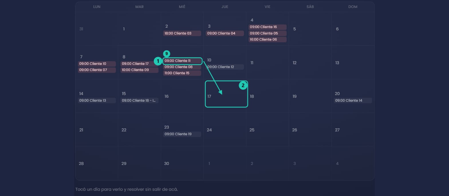 Calendario de la agenda con los recordatorios mostrando el nombre del contacto y uno arrastrándose a otro día