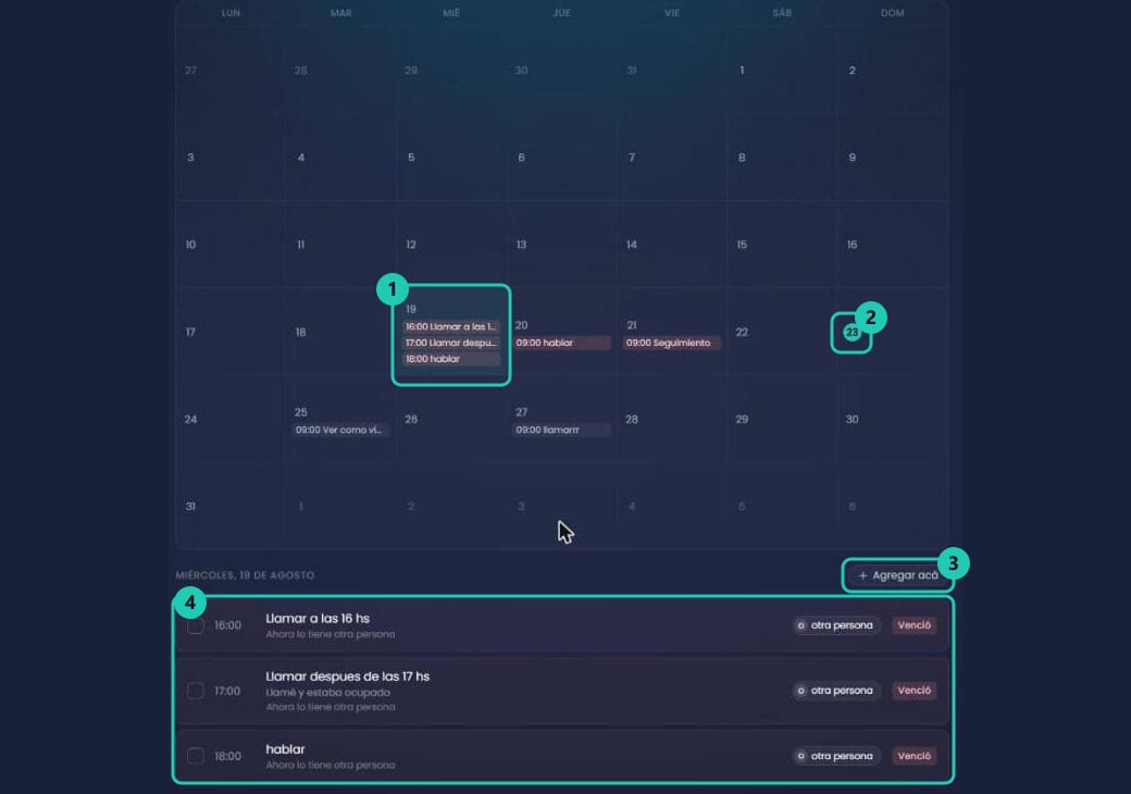 Vista calendario de la agenda con la grilla del mes, los recordatorios en cada día y el panel del día seleccionado abajo