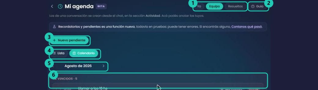 Encabezado de Mi agenda con los filtros Yo, Equipo y Resueltos, el botón Guía, Nuevo pendiente y el conmutador Lista o Calendario