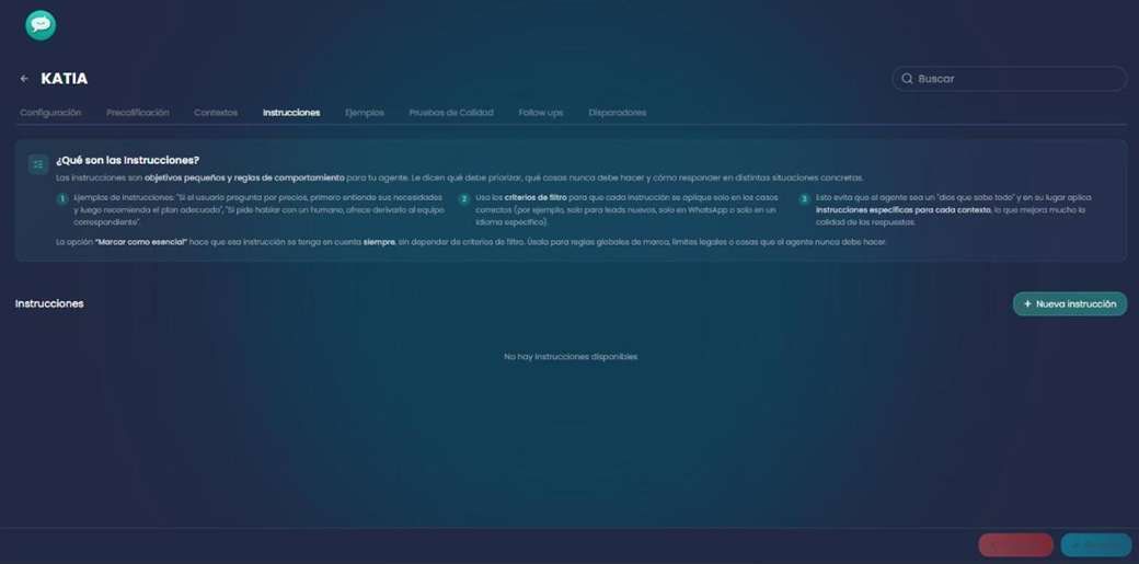 Pestaña Instrucciones del agente con la explicación de qué son las instrucciones y el botón Nueva instrucción
