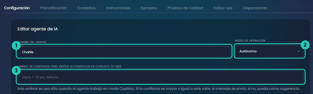 Pestaña Configuración del agente con el nombre del agente, el modo de operación y el umbral de confianza