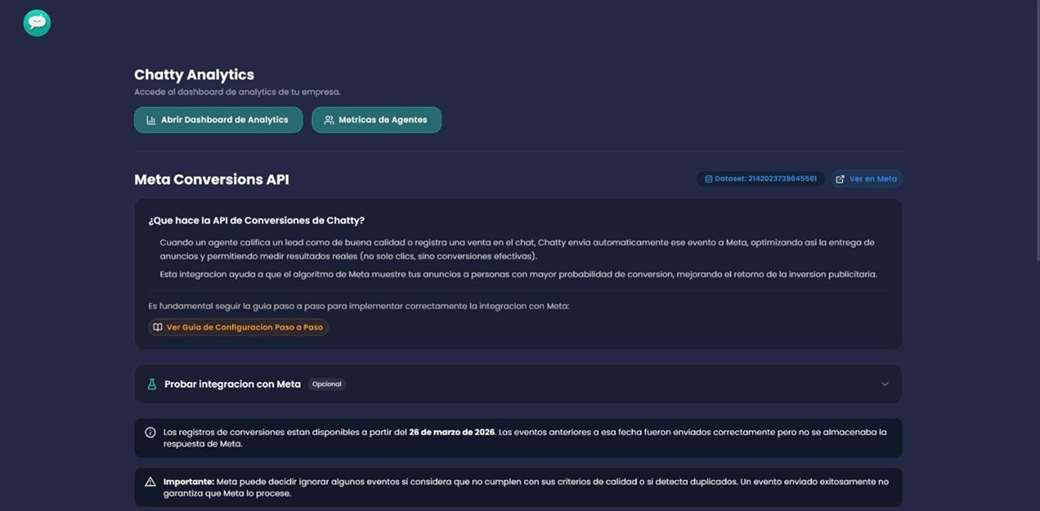 Sección Analytics de Chatty con el dataset de Meta Conversions API y los accesos a los dashboards