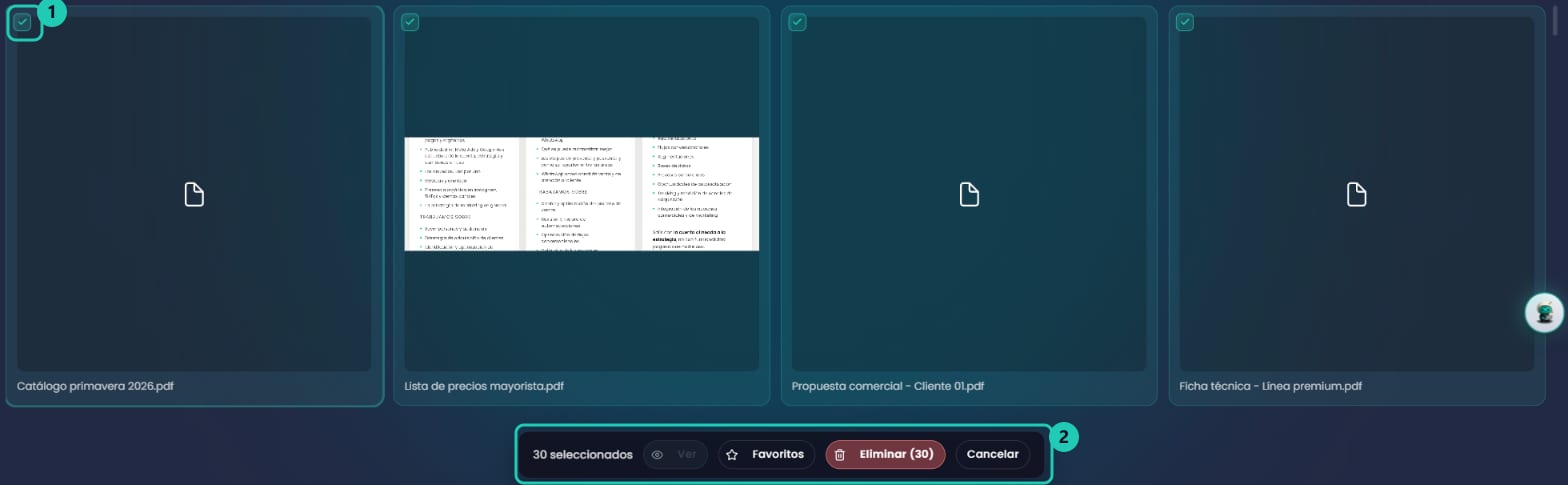Grilla de archivos con varios seleccionados y la barra inferior con Ver, Favoritos, Eliminar y Cancelar