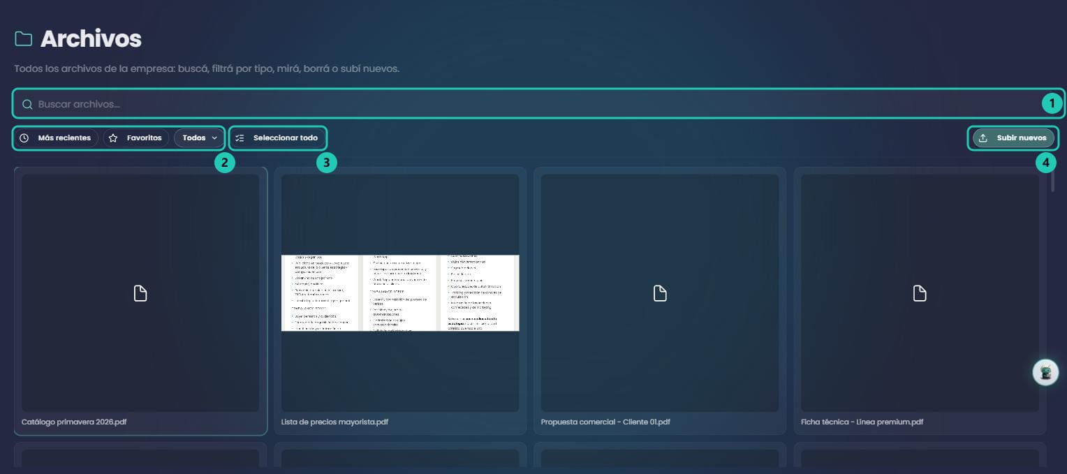 Página Archivos con el buscador, los filtros por orden y por tipo, el botón Seleccionar todo y la grilla de archivos