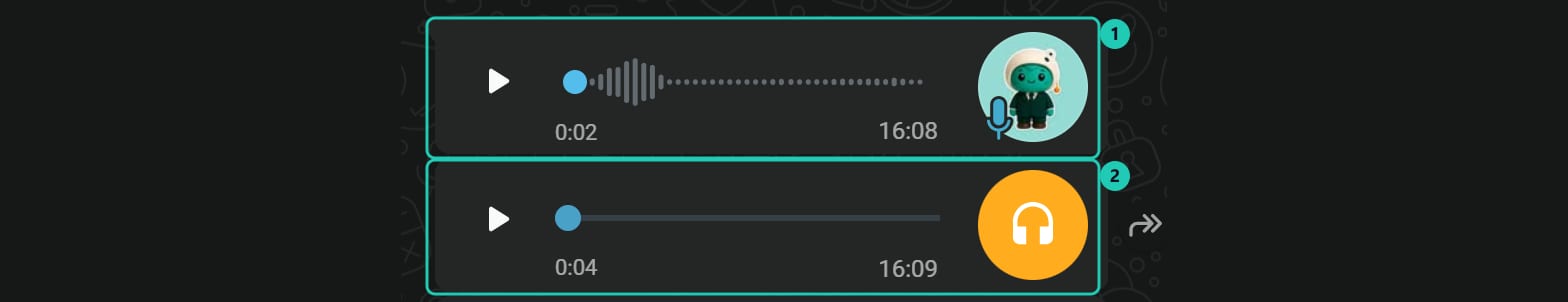 Los dos formatos de audio en WhatsApp: arriba una nota de voz con su onda de sonido, abajo un archivo de audio con el ícono de auriculares