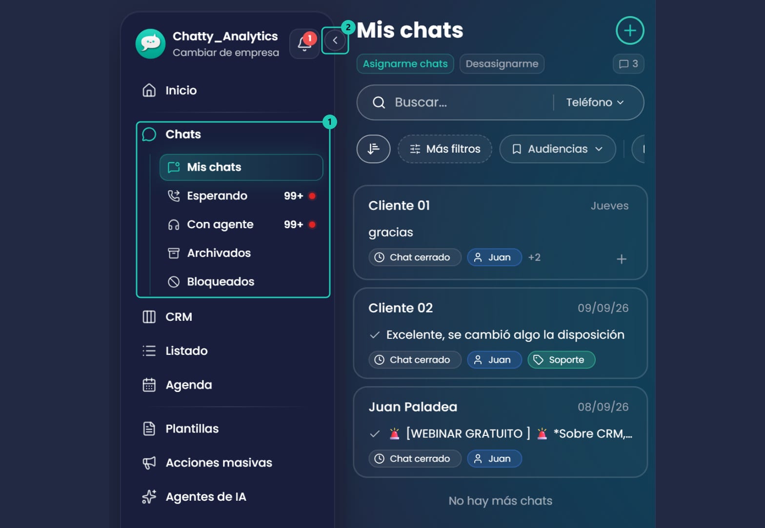 Barra lateral expandida en la Vista WhatsApp con Chats abierto y sus bandejas Mis chats, Esperando, Con agente, Archivados y Bloqueados