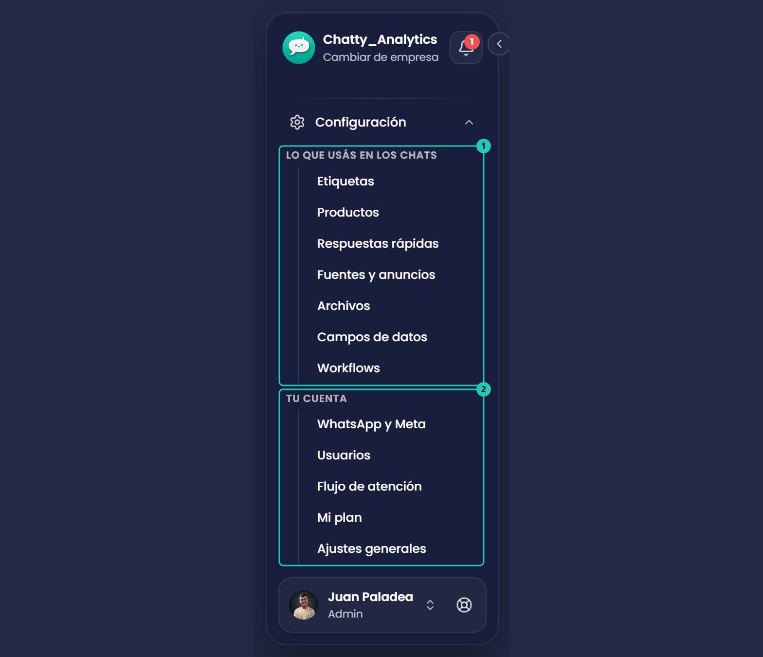 Desplegable Configuración de la barra lateral abierto, con los grupos Lo que usás en los chats y Tu cuenta