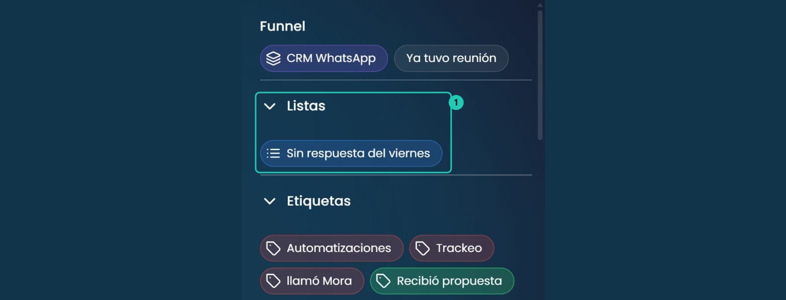 Panel derecho de una conversación con la sección Listas mostrando el listado al que pertenece el chat