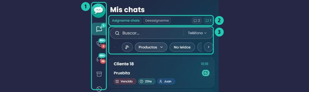 Barra lateral de bandejas, botones de asignación con los contadores y el buscador de la lista de chats
