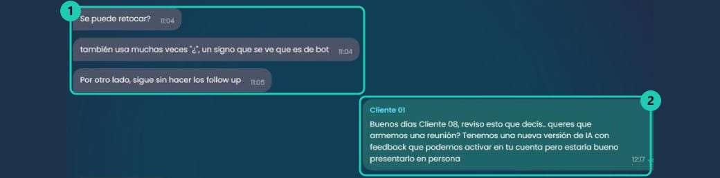 Cuerpo de una conversación con mensajes grises del cliente a la izquierda y un mensaje propio en color a la derecha