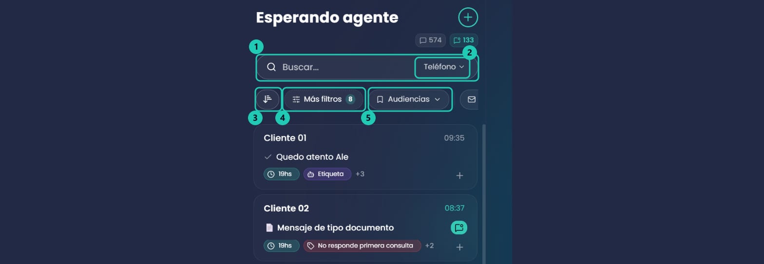 Encabezado de la lista de chats con el buscador, el selector de campo y la fila de filtros con Más filtros y Audiencias