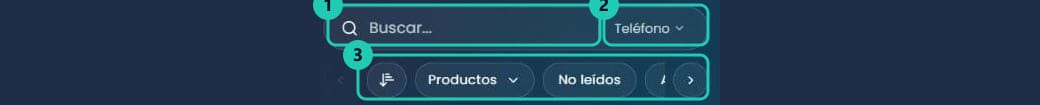 Buscador de la lista de chats con el selector de tipo de búsqueda y la fila de filtros