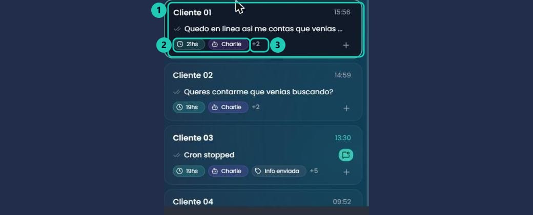 Tarjetas de la lista de chats con la hora, el último mensaje y los chips de estado
