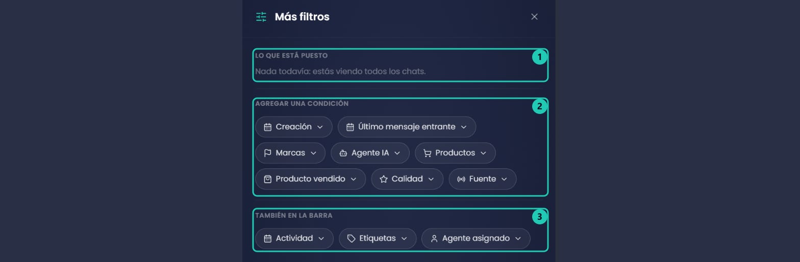 Panel Más filtros de la bandeja con los bloques Lo que está puesto, Agregar una condición y También en la barra
