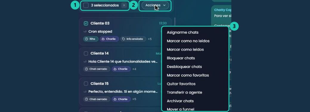 Barra de selección múltiple con el contador de chats seleccionados y el menú Acciones desplegado