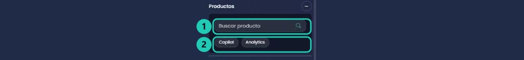 Sección Productos del panel de gestión desplegada, con el buscador y los productos disponibles