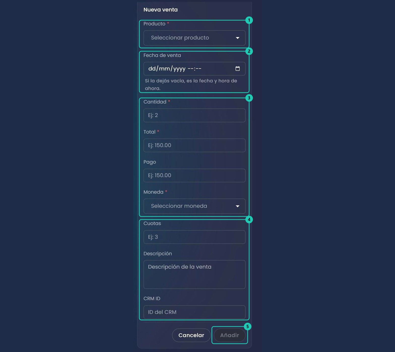 Formulario de nueva venta con los campos producto, fecha de venta, cantidad, total, pago, moneda, cuotas, descripción e ID de CRM