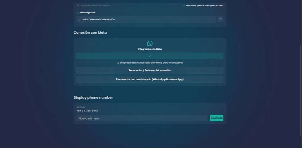 Configuración de Chatty con la sección Conexión con Meta y los botones de reconexión