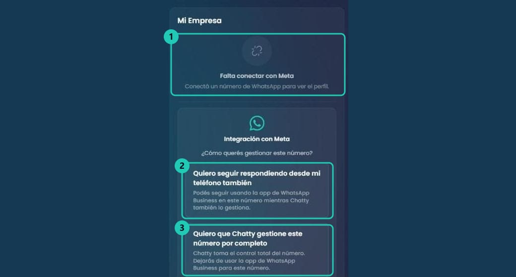 Columna derecha del panel de una empresa nueva con el aviso Falta conectar con Meta y la tarjeta Integración con Meta con las dos opciones