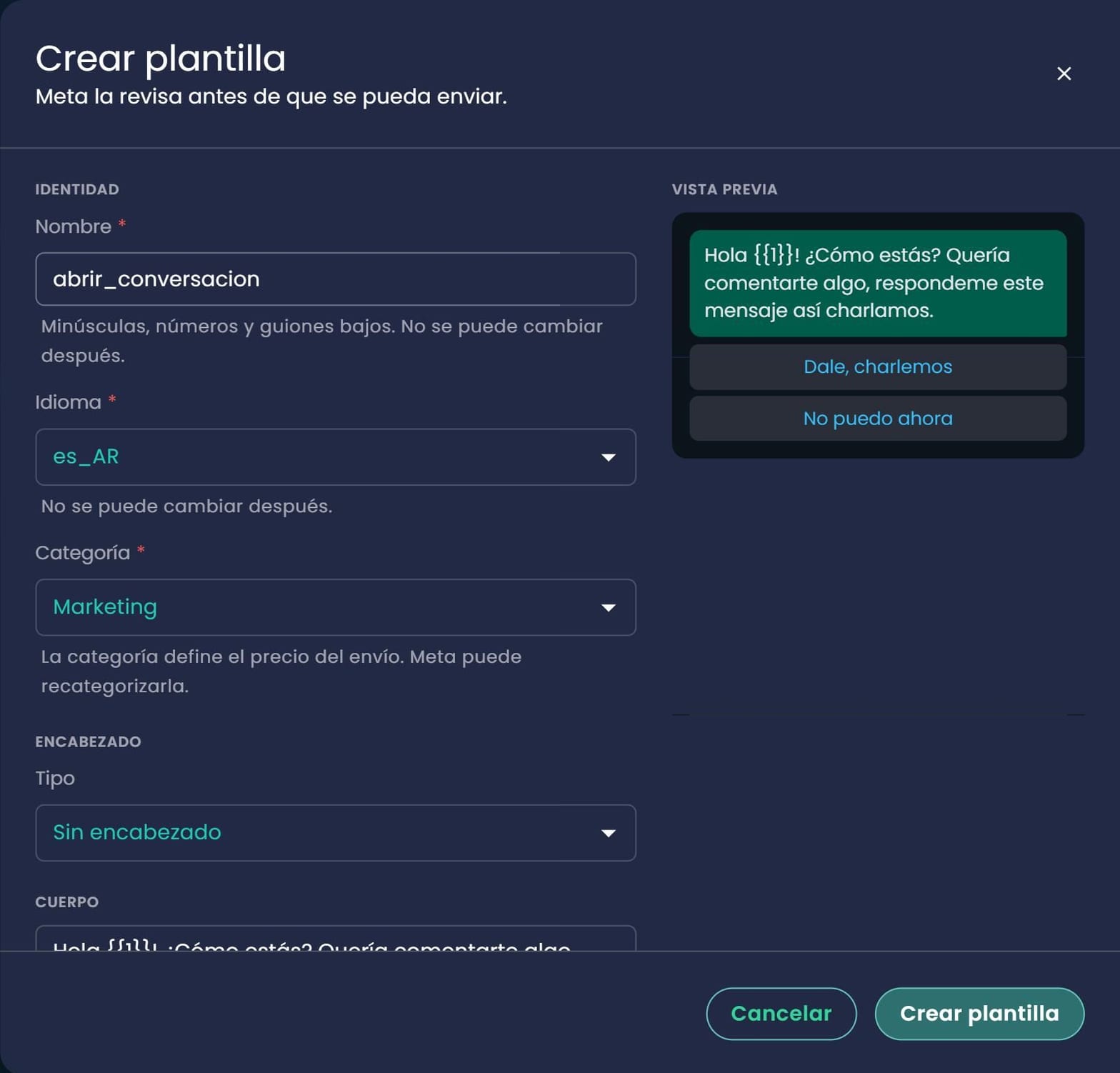 Formulario Crear plantilla con nombre, idioma, categoría y encabezado a la izquierda, y la vista previa del mensaje con dos botones a la derecha