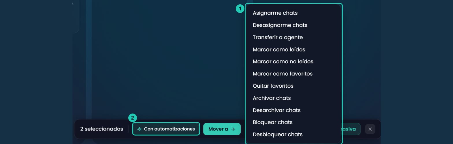 Menú Acciones rápidas abierto con las once acciones disponibles sobre los chats seleccionados