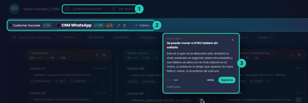 Guía en pantalla del CRM mostrando el paso sobre mover un chat a otro tablero sin soltarlo