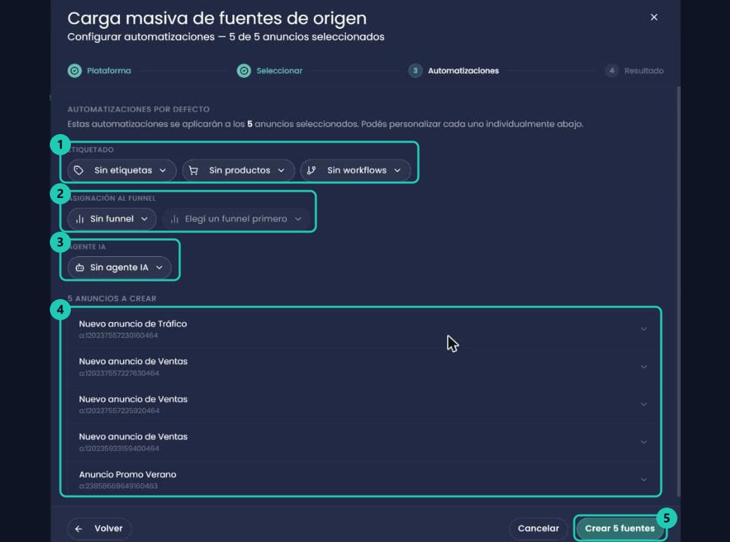 Paso 3 de la carga masiva: automatizaciones por defecto y lista de anuncios a crear