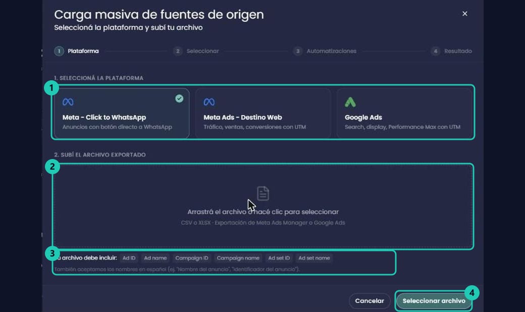 Paso 1 de la carga masiva: selección de plataforma y zona para subir el archivo exportado