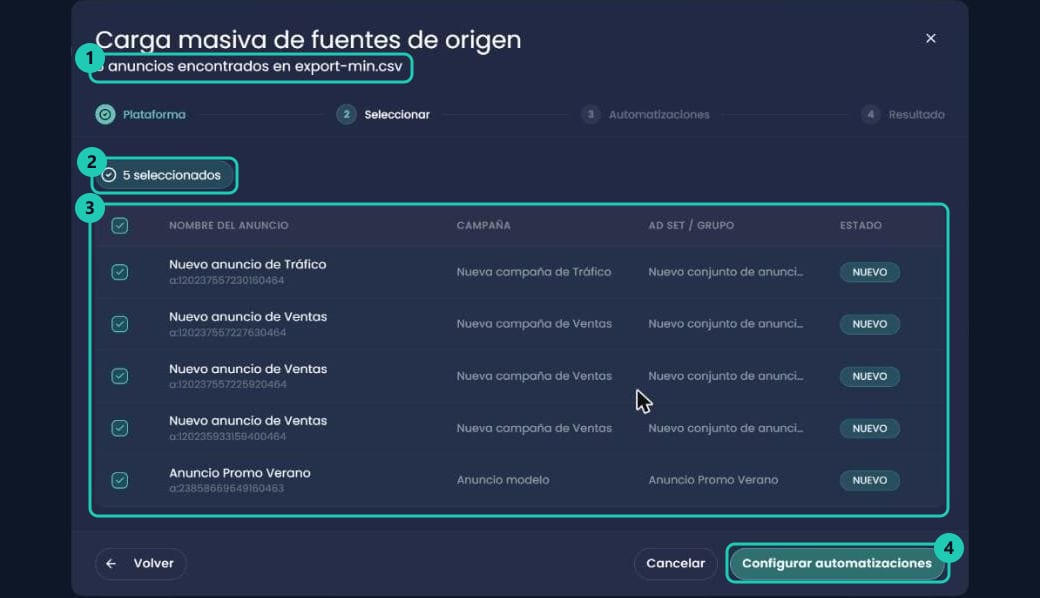 Paso 2 de la carga masiva: lista de anuncios encontrados en el archivo con su campaña, ad set y estado