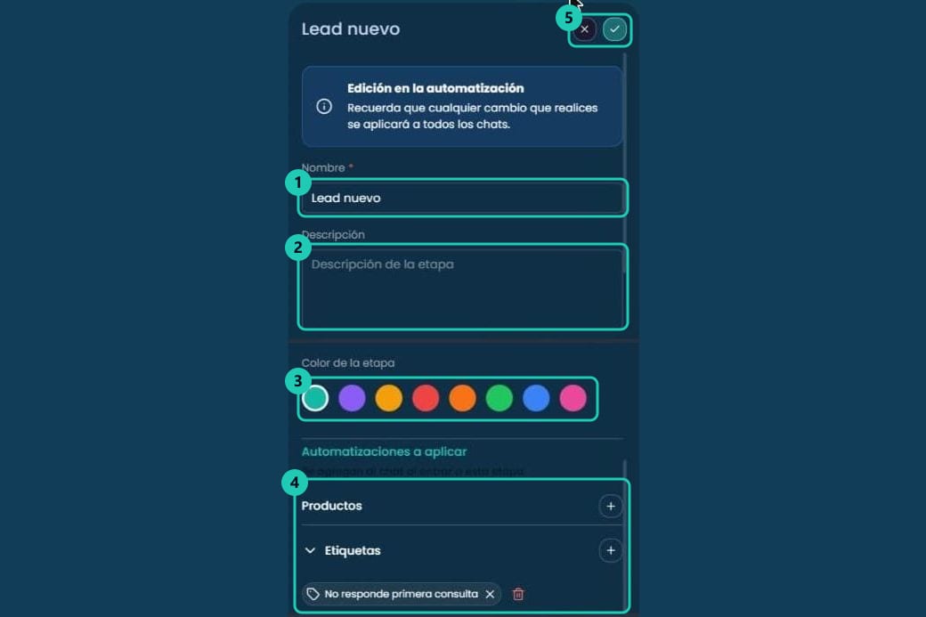 Panel de configuración de una etapa con nombre, descripción, color y las automatizaciones a aplicar
