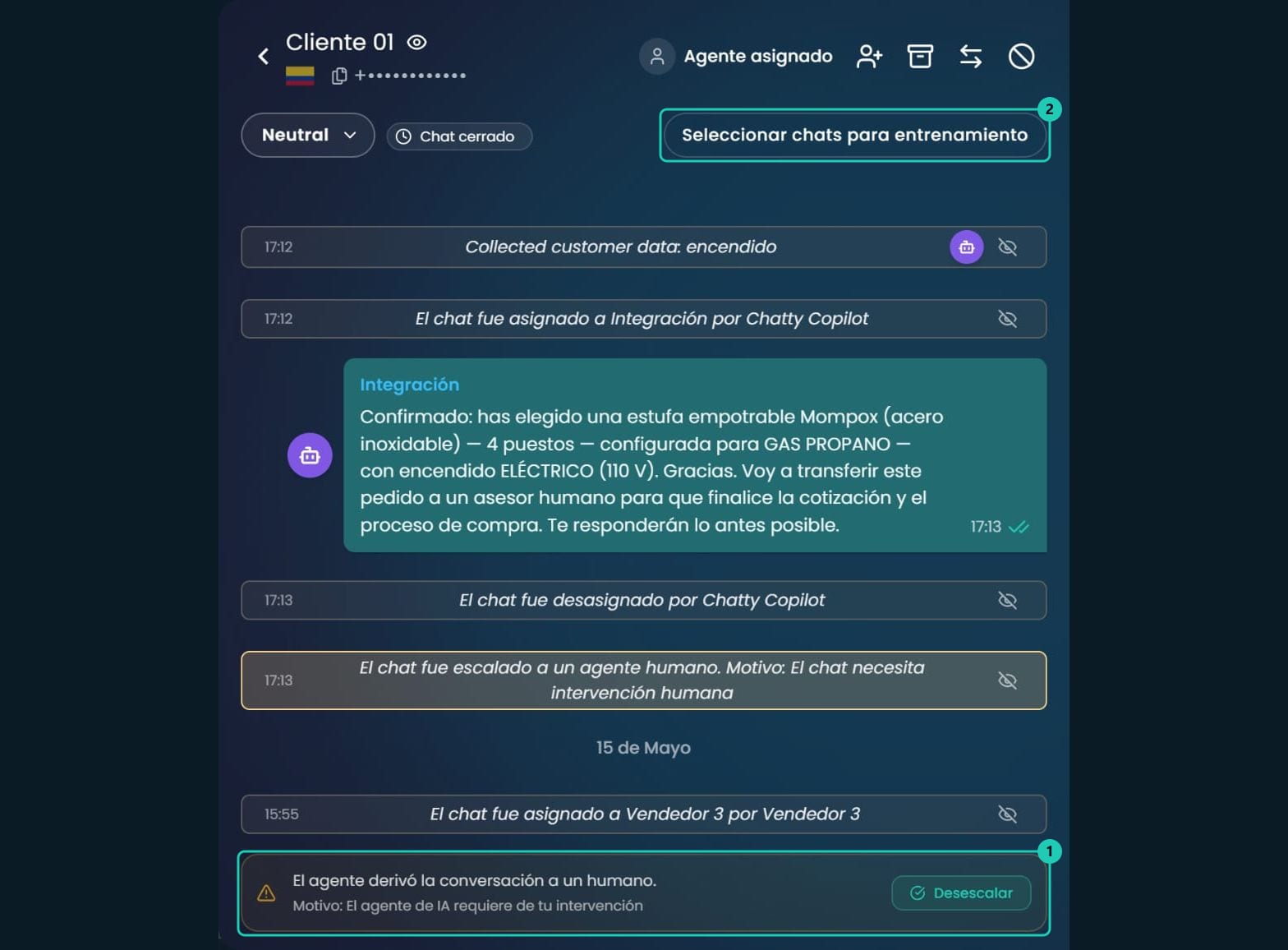 Chat abierto desde Ahora, con el aviso El agente derivó la conversación a un humano, el motivo y el botón Desescalar