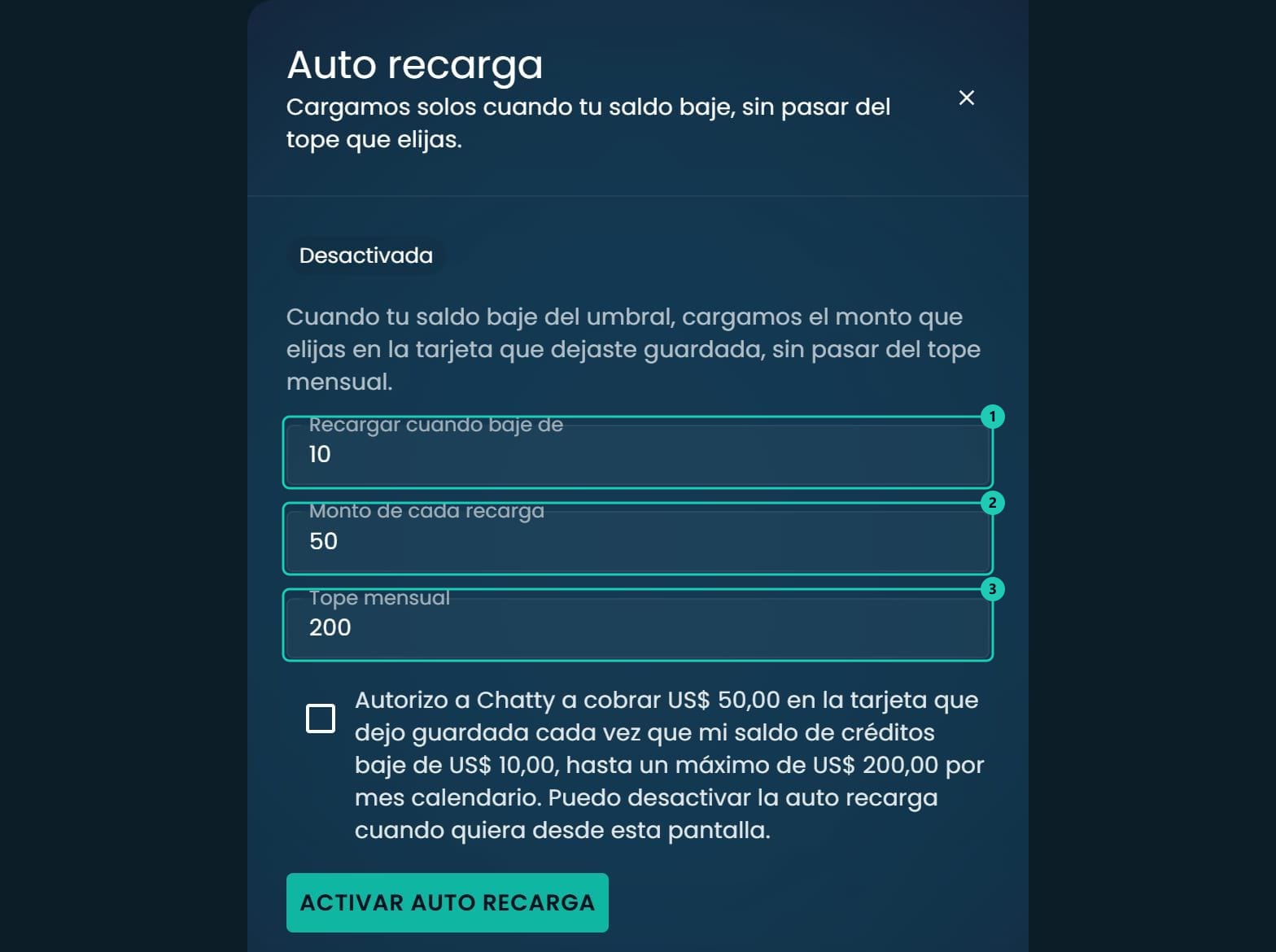 Panel Auto recarga con los campos Recargar cuando baje de, Monto de cada recarga y Tope mensual, la autorización y el botón Activar auto recarga