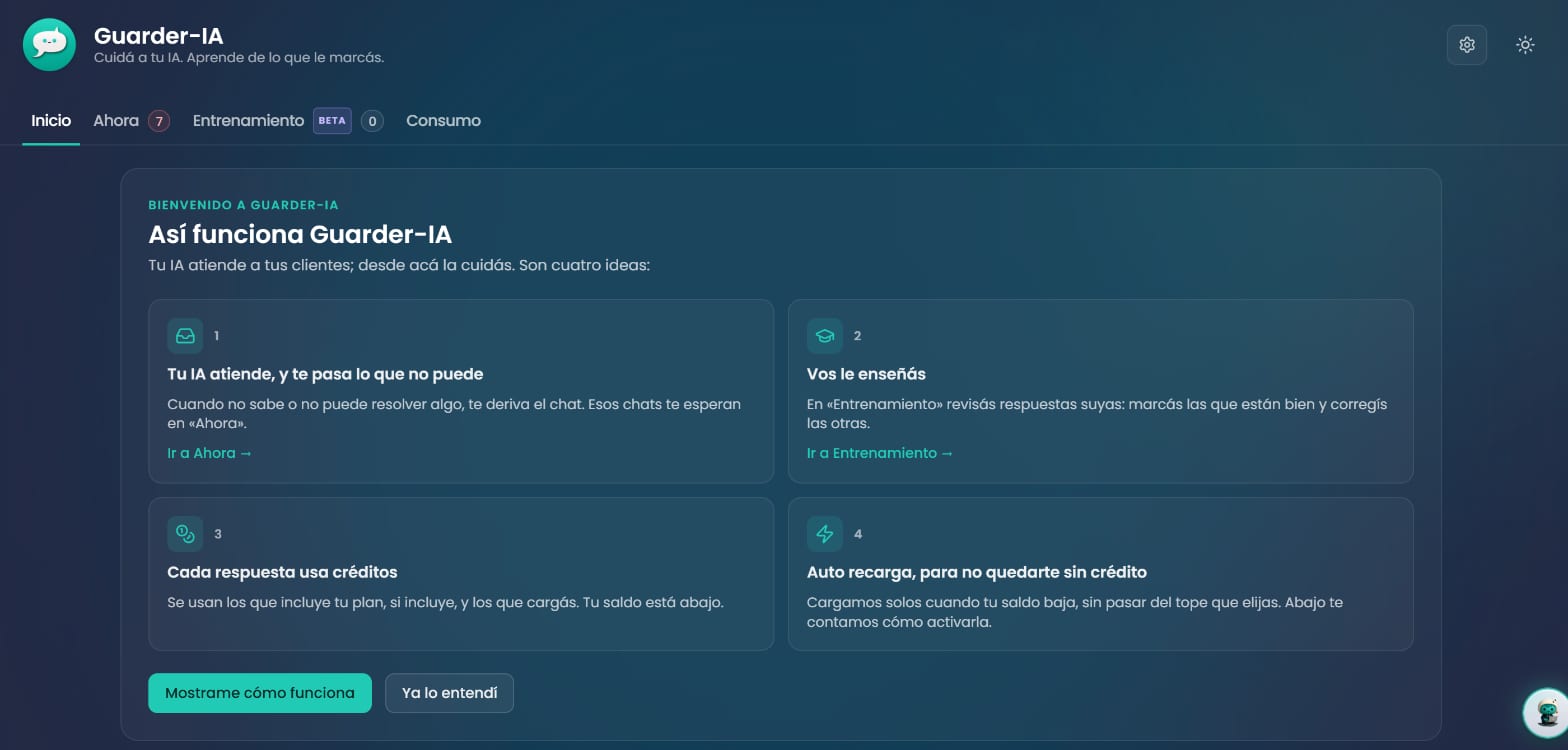Inicio de Guarder-IA con la bienvenida Así funciona: cuatro tarjetas y los botones Mostrame cómo funciona y Ya lo entendí