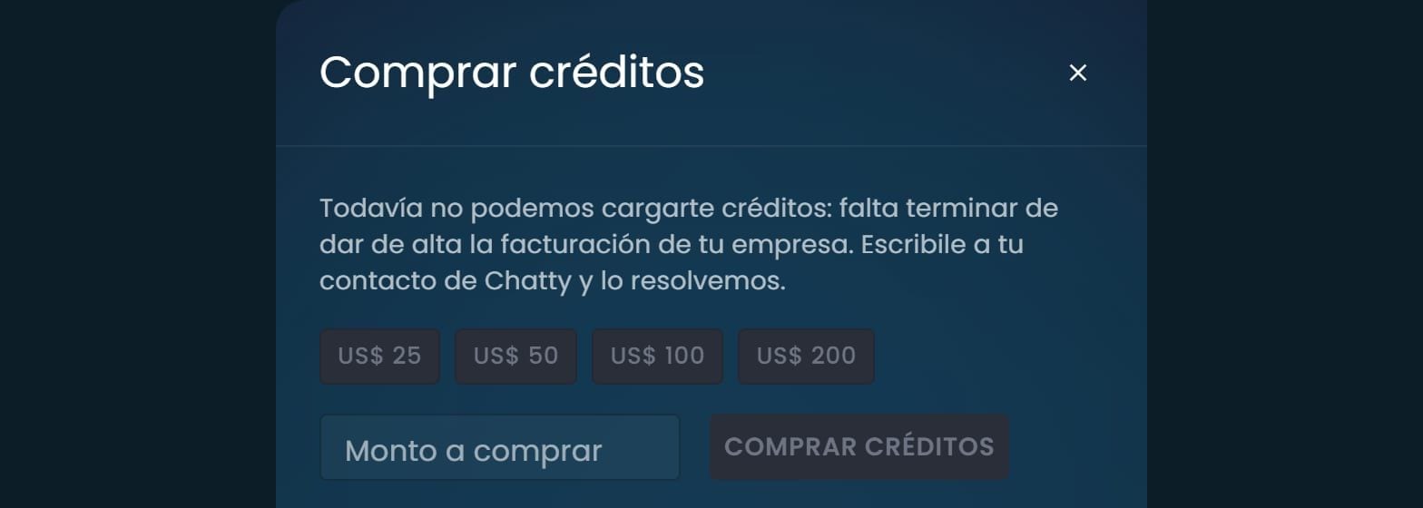 Panel Comprar créditos con los montos de 25, 50, 100 y 200 dólares y el aviso de que falta dar de alta la facturación