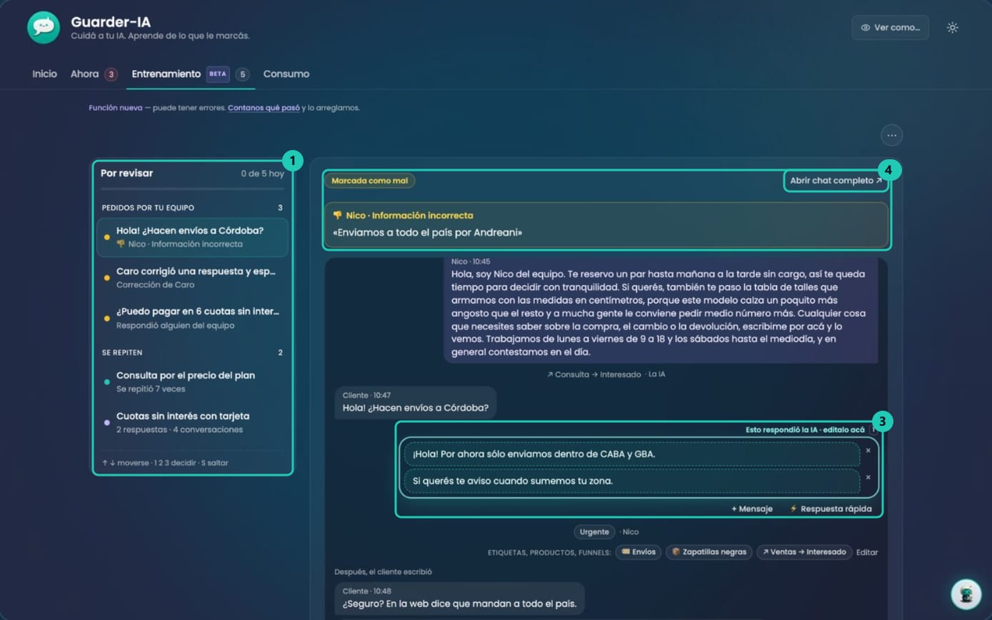 Pestaña Entrenamiento con la lista Por revisar a la izquierda y, a la derecha, un caso marcado como mal con la respuesta de la IA lista para editar