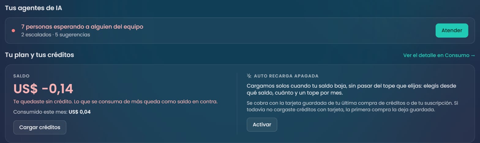 Inicio de Guarder-IA: la tarea de chats esperando con el botón Atender, y el bloque Tu plan y tus créditos con el saldo y la auto recarga