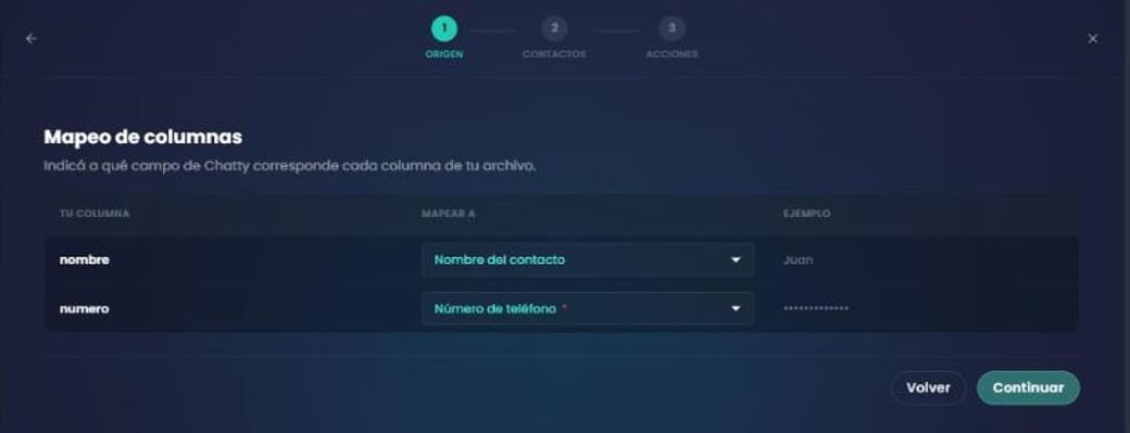 Pantalla de mapeo de columnas con las columnas nombre y numero asociadas a Nombre del contacto y Número de teléfono