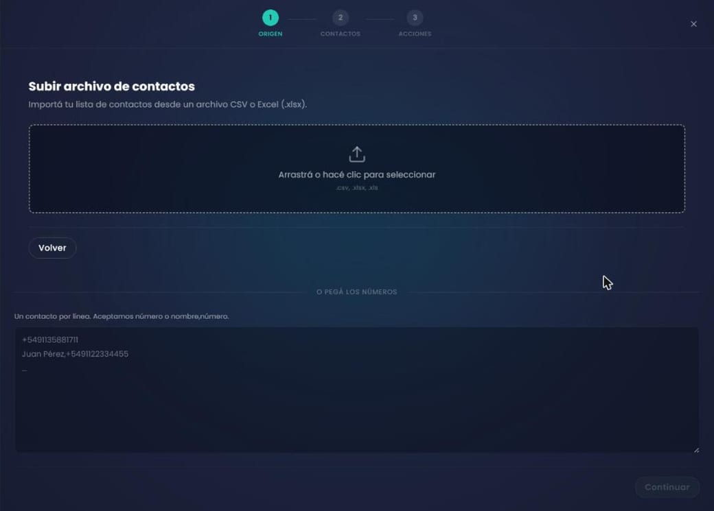 Paso Origen del asistente de importación, con la zona para subir el archivo y el cuadro para pegar números a mano