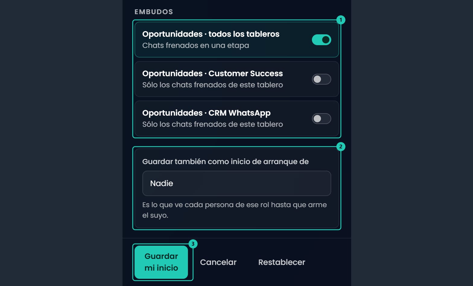 Parte de abajo del panel Armá tu inicio con las tarjetas de Oportunidades por tablero, el selector Guardar también como inicio de arranque de y los botones Guardar mi inicio, Cancelar y Restablecer