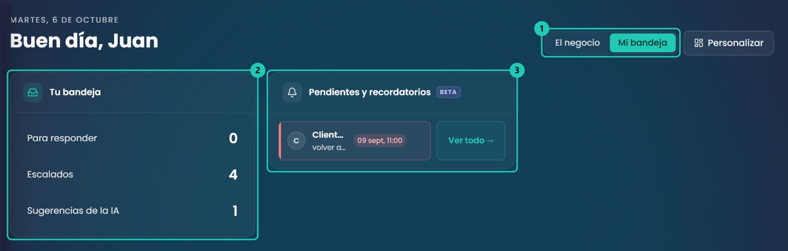 Vista Mi bandeja del inicio de un admin, con Tu bandeja y Pendientes y recordatorios
