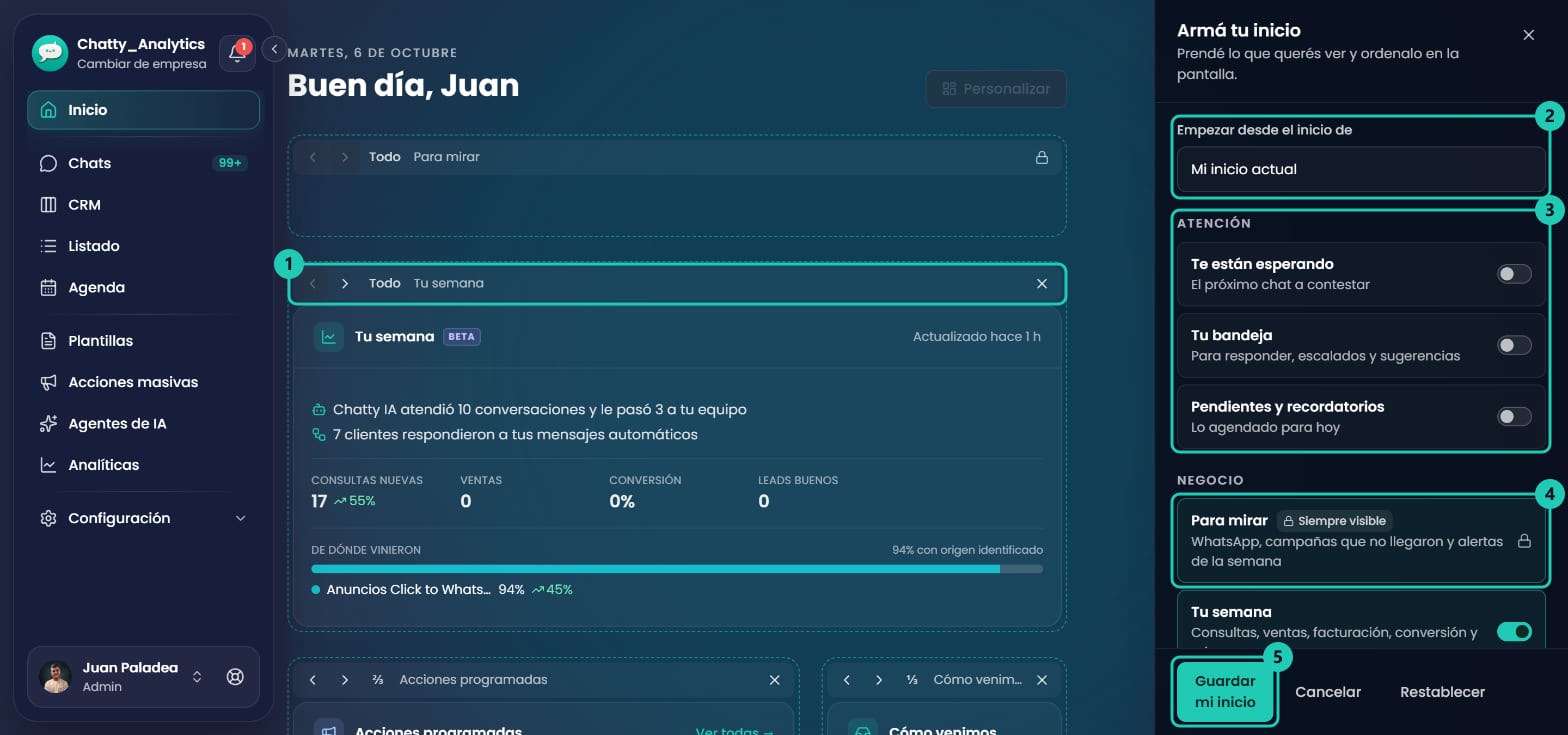 Inicio en modo edición con la barra de control sobre cada tarjeta y el panel Armá tu inicio a la derecha