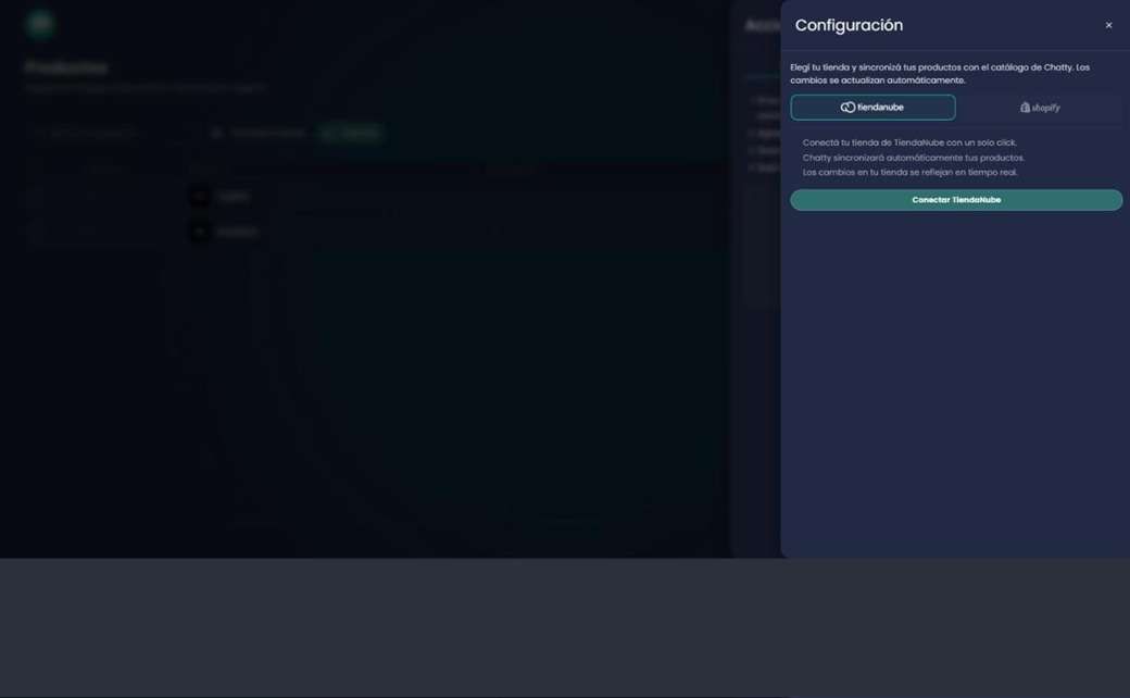 Panel Configuración dentro de Productos con el selector entre tiendanube y shopify y el botón Conectar