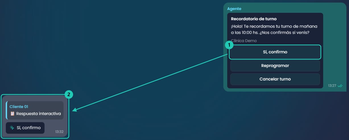 Chat de Chatty con el mensaje de botones enviado y, debajo, la Respuesta interactiva del cliente con el botón elegido