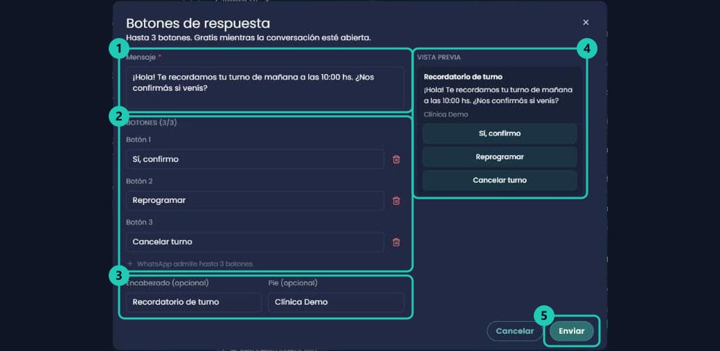 Formulario de Botones de respuesta completo con el mensaje, tres botones, encabezado, pie y la vista previa