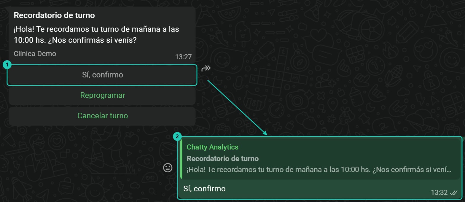 Mensaje con tres botones recibido en WhatsApp y la respuesta Sí, confirmo enviada por el cliente