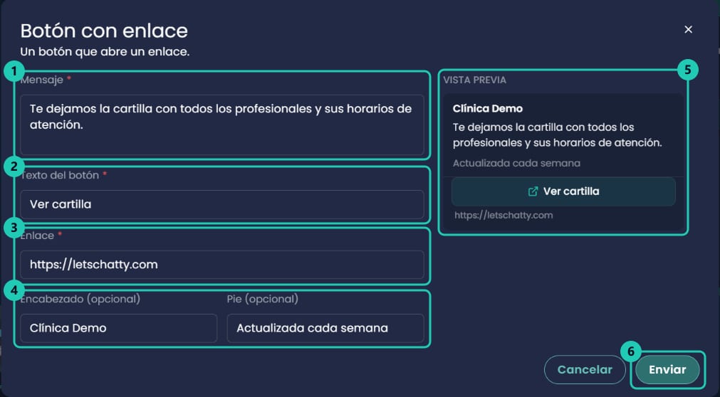 Formulario Botón con enlace con mensaje, texto del botón, enlace, encabezado, pie y vista previa