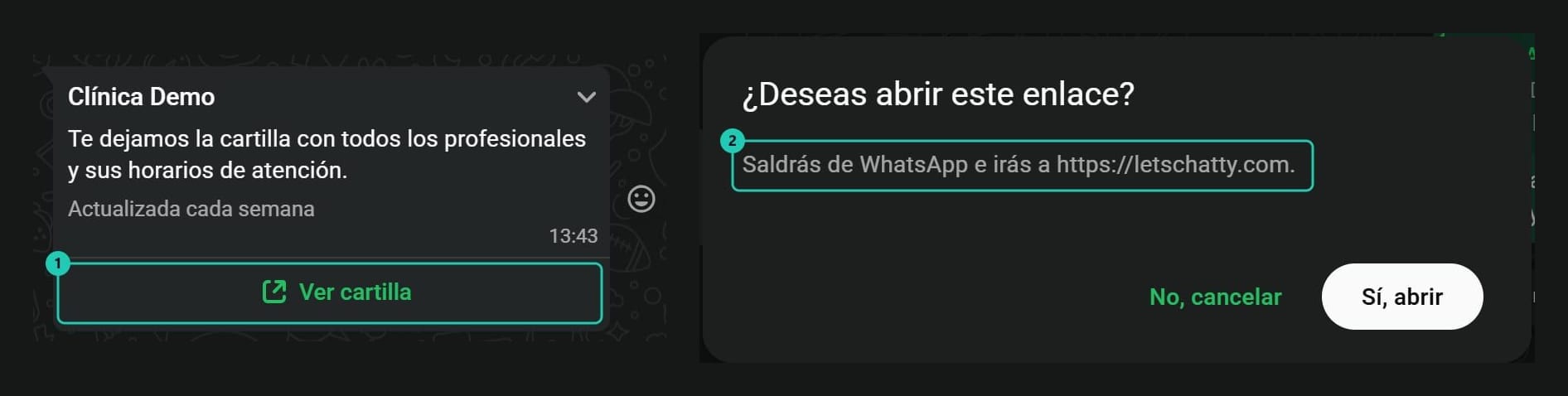 Mensaje con el botón Ver cartilla en WhatsApp y el aviso de WhatsApp que pregunta si abrir el enlace